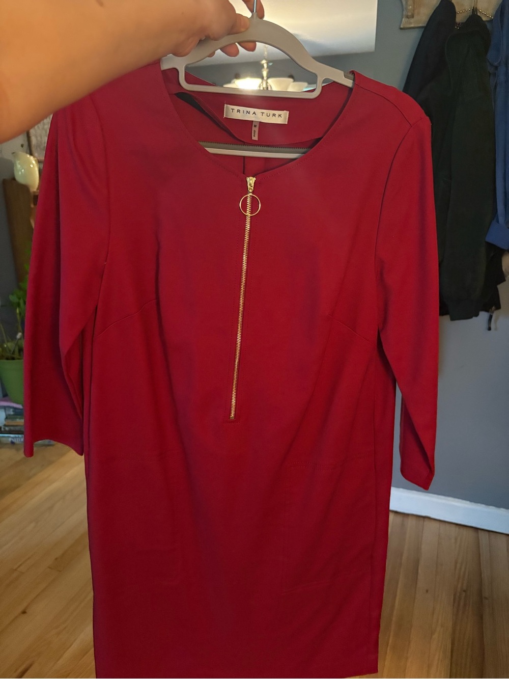 Trina Turk Crimson Red Zip-Front Long Sleeve Sheath Dress